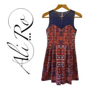 Ali Ro Aztec Print A-Line Dress Navy Silk Sheer‎ at Top Size 6